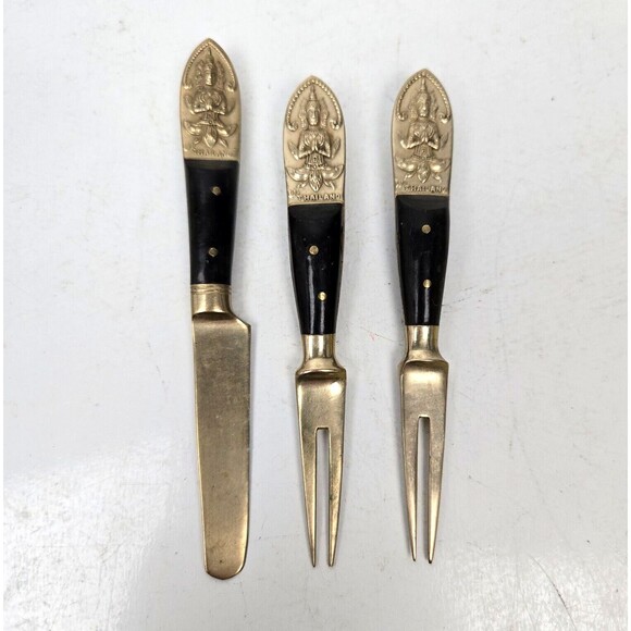 Vintage Cocktail Fork & Mini Spreader Buddha Bronze Brass Rosewood Siam Thailand - Picture 2 of 9
